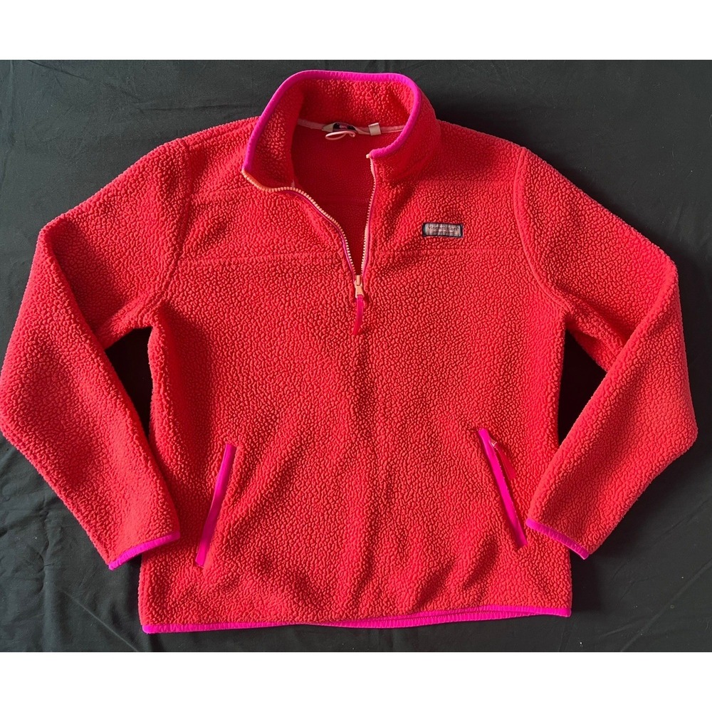 Vineyard Vines Women Red And Pink Pullover 1/4 Zip Sherpa Sweater Size Small